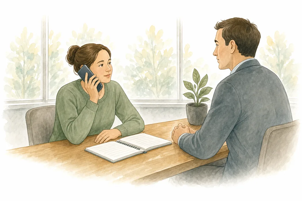 Illustration of a woman on the phone at a table with a notebook, a man sitting with her