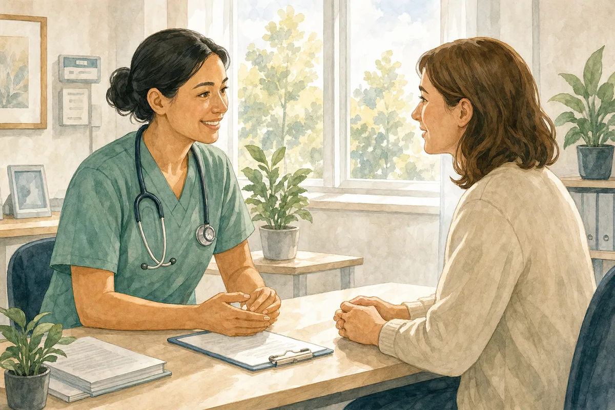Illustration of a nurse and a patient talking across a desk in a bright clinic room