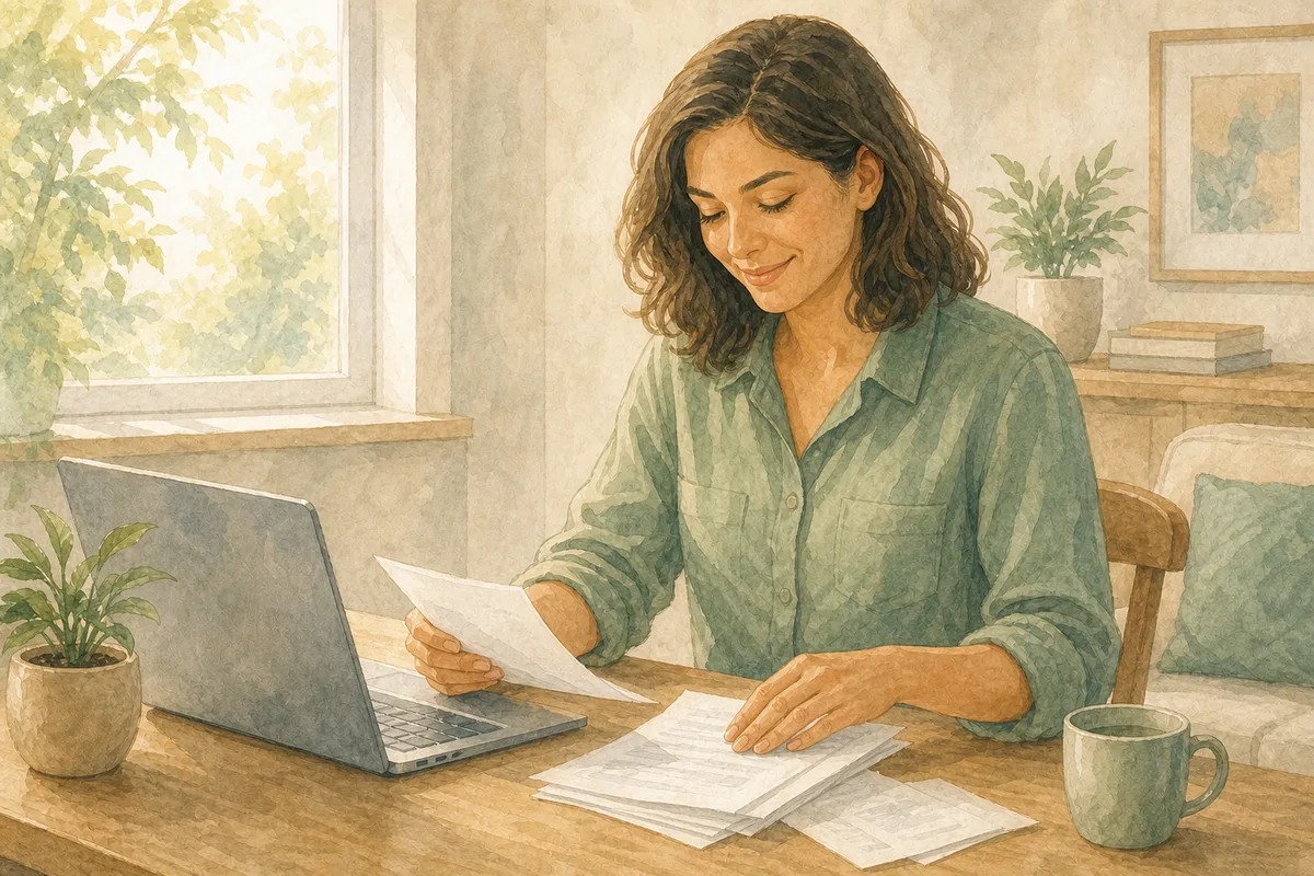 Illustration of a woman at a table sorting papers beside a laptop and a plant