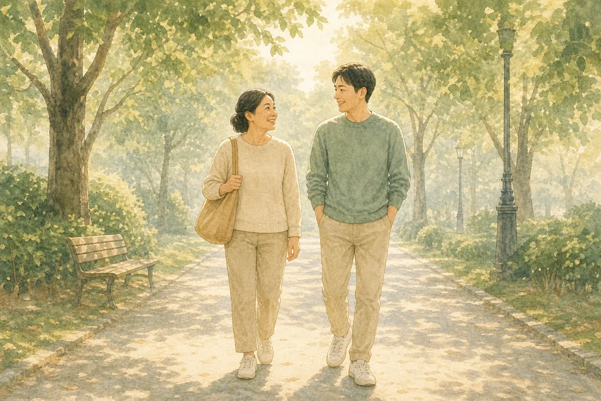 Illustration of a mother and her adult son walking side by side on a park path