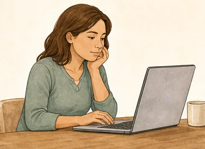 Illustration of a woman at a table reading on a laptop