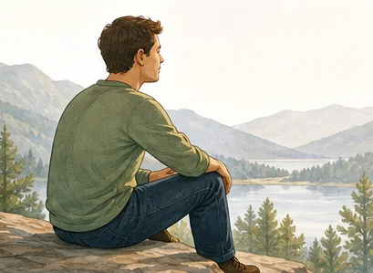 Illustration of a man sitting on a rock, looking out over a lake and mountains