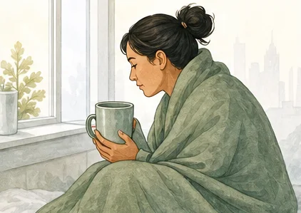 Illustration of a woman wrapped in a blanket holding a mug by a window