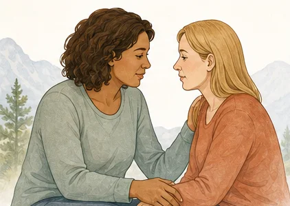 Illustration of two women sitting close, one comforting the other