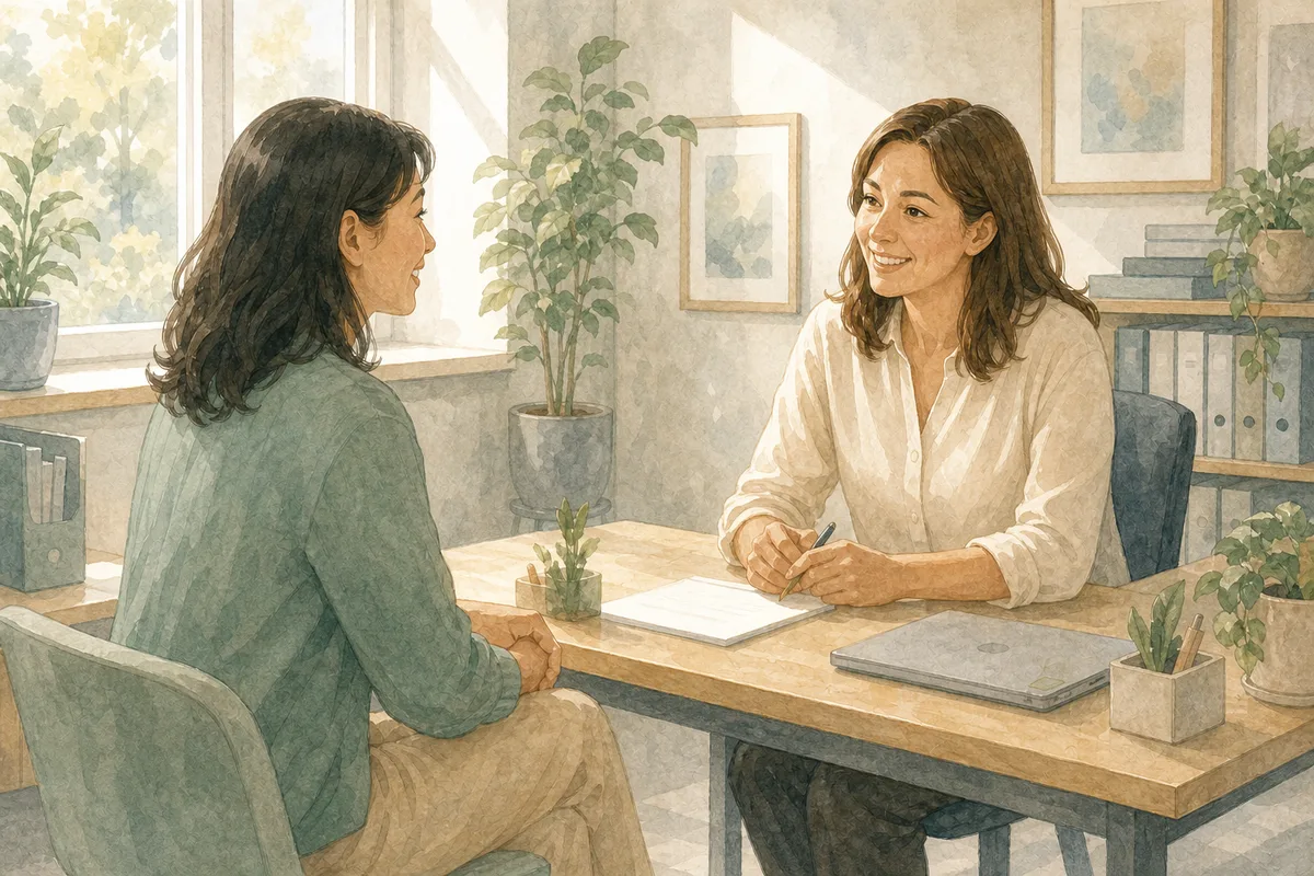 Illustration of two colleagues talking calmly at a desk in a bright office
