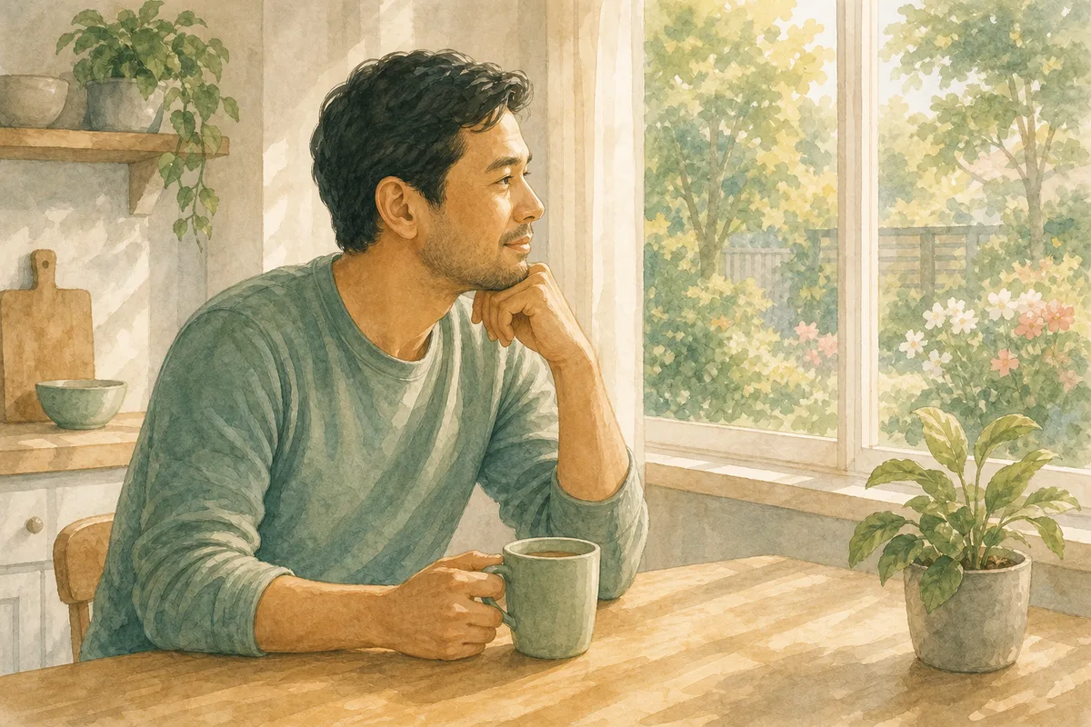 Illustration of a man sitting at a kitchen table by a sunlit window, looking out at a garden
