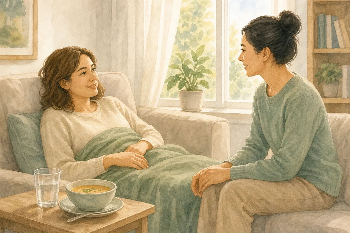 Illustration of a person resting on a sofa under a green blanket, with a friend sitting nearby